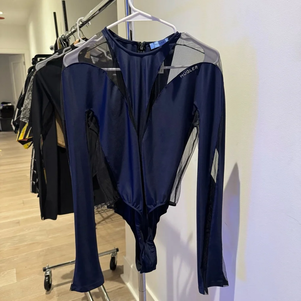 Mugler Illusion Sheer-Detail Bodysuit in Midnight Blue - Picture 2 of 5